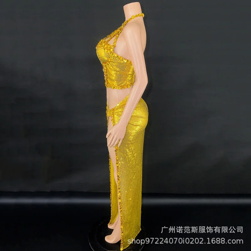 فستان ذهبي لامع مثير بفتحة عالية للكبار نموذج المنصة الملابس العصرية شركة الاجتماع السنوي فساتين ماكسي لضيوف الزفاف #3