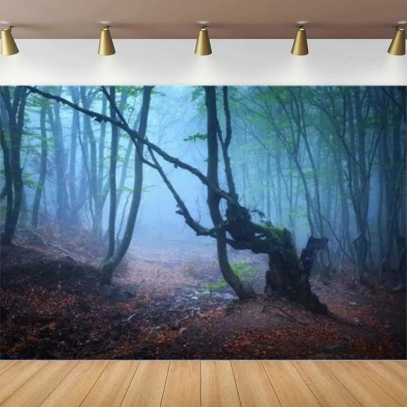 Misty Enchanted Forest Photography Backdrop Autumn Fallen Leaves Terror Atmosphere Mysterious Woods Halloween Party Background