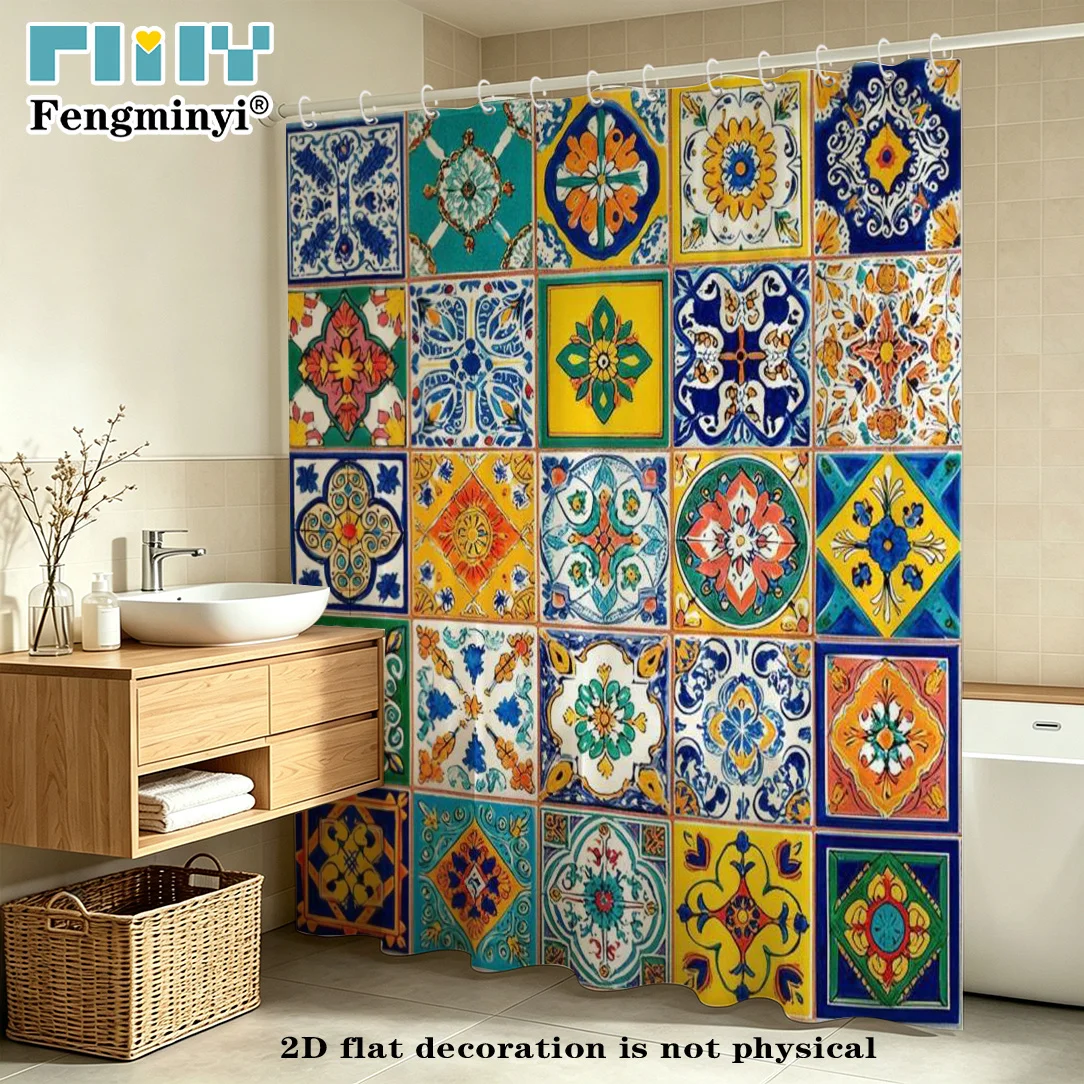 Vintage Patchwork Tile Shower Curtain, Colorful Moroccan Mosaic Print, Boho Geometric Pattern, Waterproof Bathroom Decor