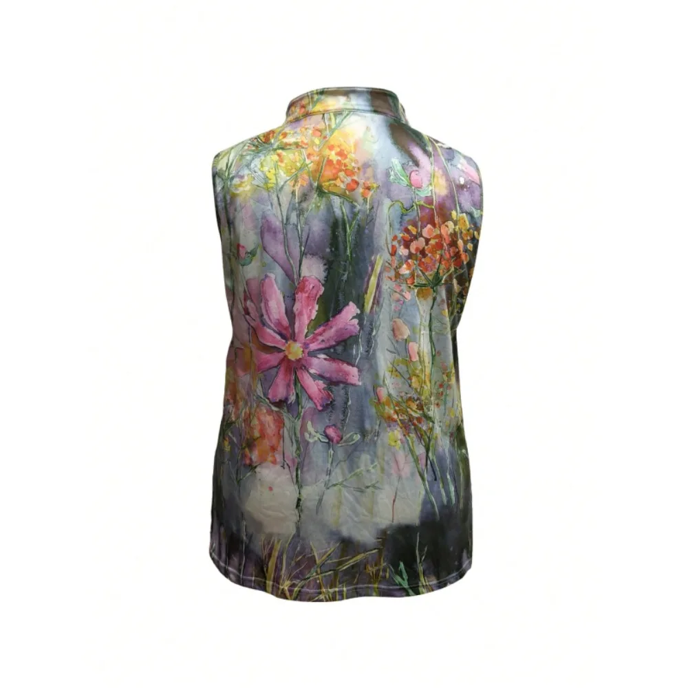 Плюс размер 1XL-5XL, новая летняя женская модная блузка без рукавов с принтом спереди и пуговицами, майка