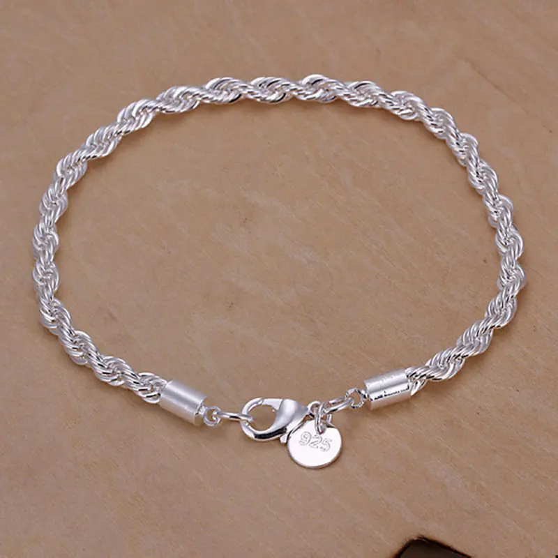 Pulsera de cadena de cuerda trenzada de Plata de Ley 925 para hombres y mujeres, joyería de moda, regalos de fiesta, venta al por mayor, nuevo, 4MM, envío directo