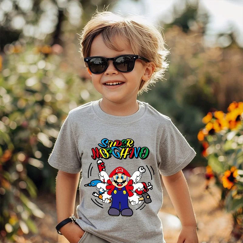 Mario cartoon children's clothing kids cotton T-shirt gray short-sleeved casual tops for boys