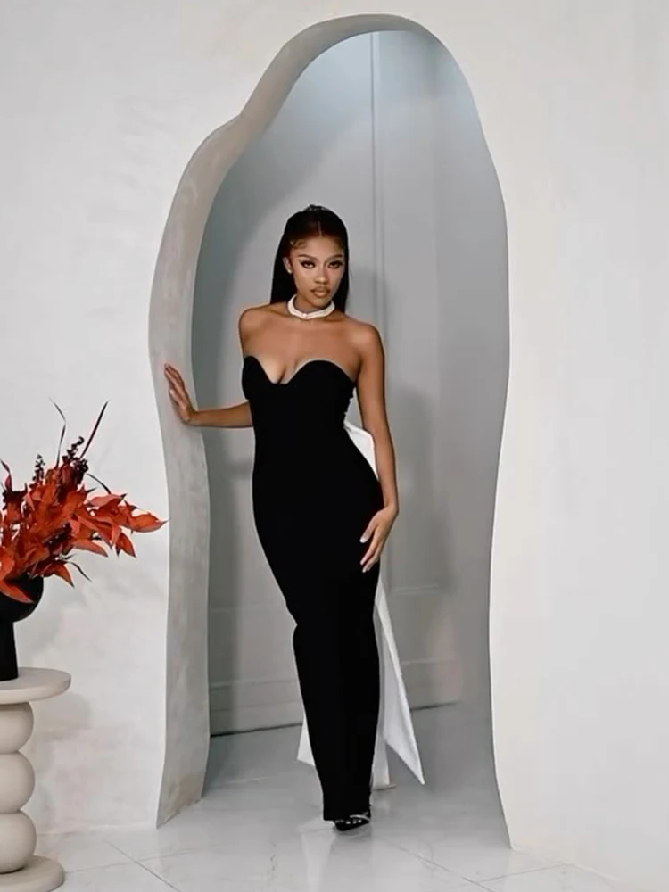 Black Strapless V Neck Long Dress with Large White Bow Sexy Backless Sleeveless Prom High - End Evening Gown Vestido