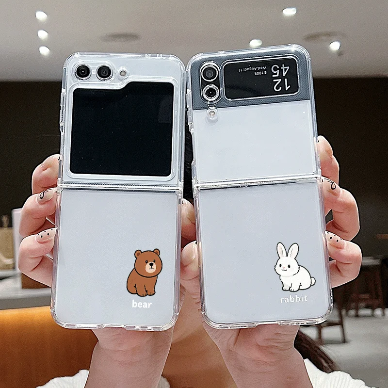 Cute Cartoon Animal Bear Rabbit Couple Phone Case for Samsung Galaxy Z Flip 7 Flip6 5 4 3 Folding Cover for Z Flip7 Flip 5 Cover