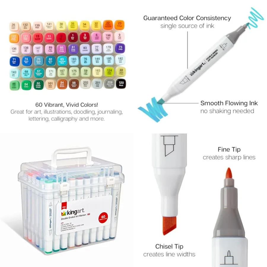 

KINGART PRO двусторонние художественные маркеры с спиртовыми чернилами, 60 цветов для творческой живописи и рисования, тонкие наконечники и долота для Det