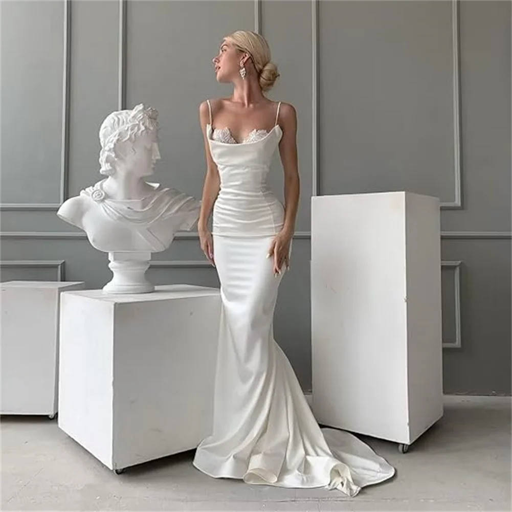 Customized White Satin Mermaid Wedding Dress For Bride Lace Appliques Spaghetti Straps Long Bridal Gowns Formal Dress With Train