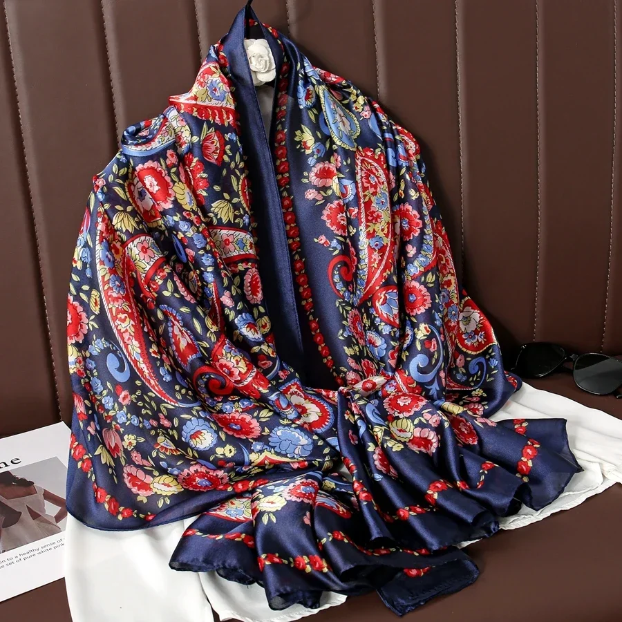 Women Luxury Paisley Floral Printed Russian Scarf Ukrainian Silk Scarves Babushka Bandana National Head Wraps Long Travel Shawls