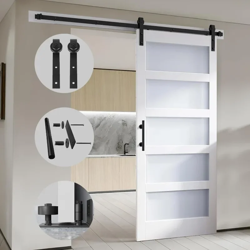 36 بوصة × 84 بوصة باب الحظيرة MDF الزجاجي المنزلق مع مجموعة أدوات الأبواب المنزلقة بطول 6.6 قدم، 5 زجاج بلوري مقسى