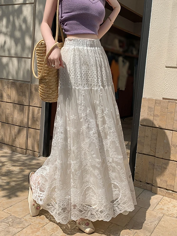 

Элегантная женская летняя юбка-полусолнце с высокой талией, кружевной вышивкой и тюлевыми оборками, фасон «фея»