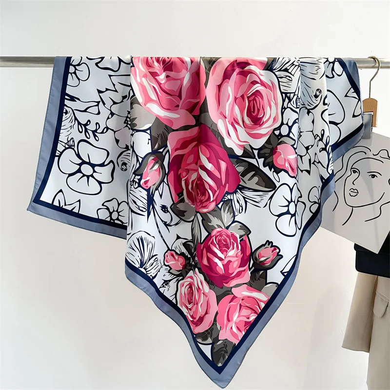 New Fashion Hijab Scarf Square Flower Print 90X90cm Luxury Brand Wrap Shawl Head Foulard Women Scarves Accessories Model Tie Bag