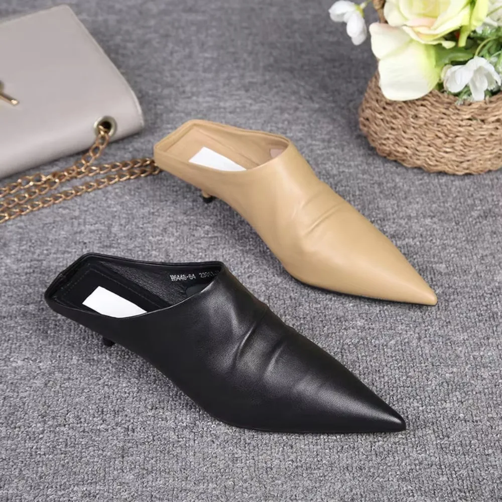 European style 2025 summer new leather pointed toe ladies stiletto semi-drag high heels Baotou fashionable  slippers women