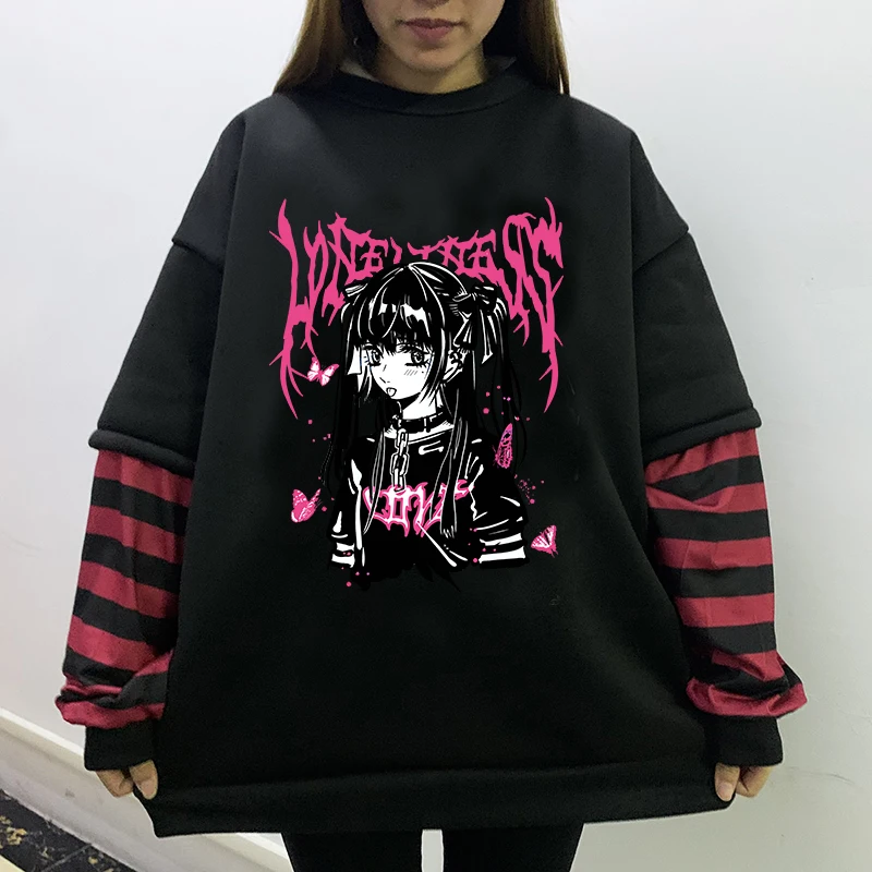 Emo Style Women Streetwear Gothic Anime Sweatshirts Punk Long Sleeve Graphic Tees Y2k Fairy Grunge Goth Punk E-girl Alt Clothes