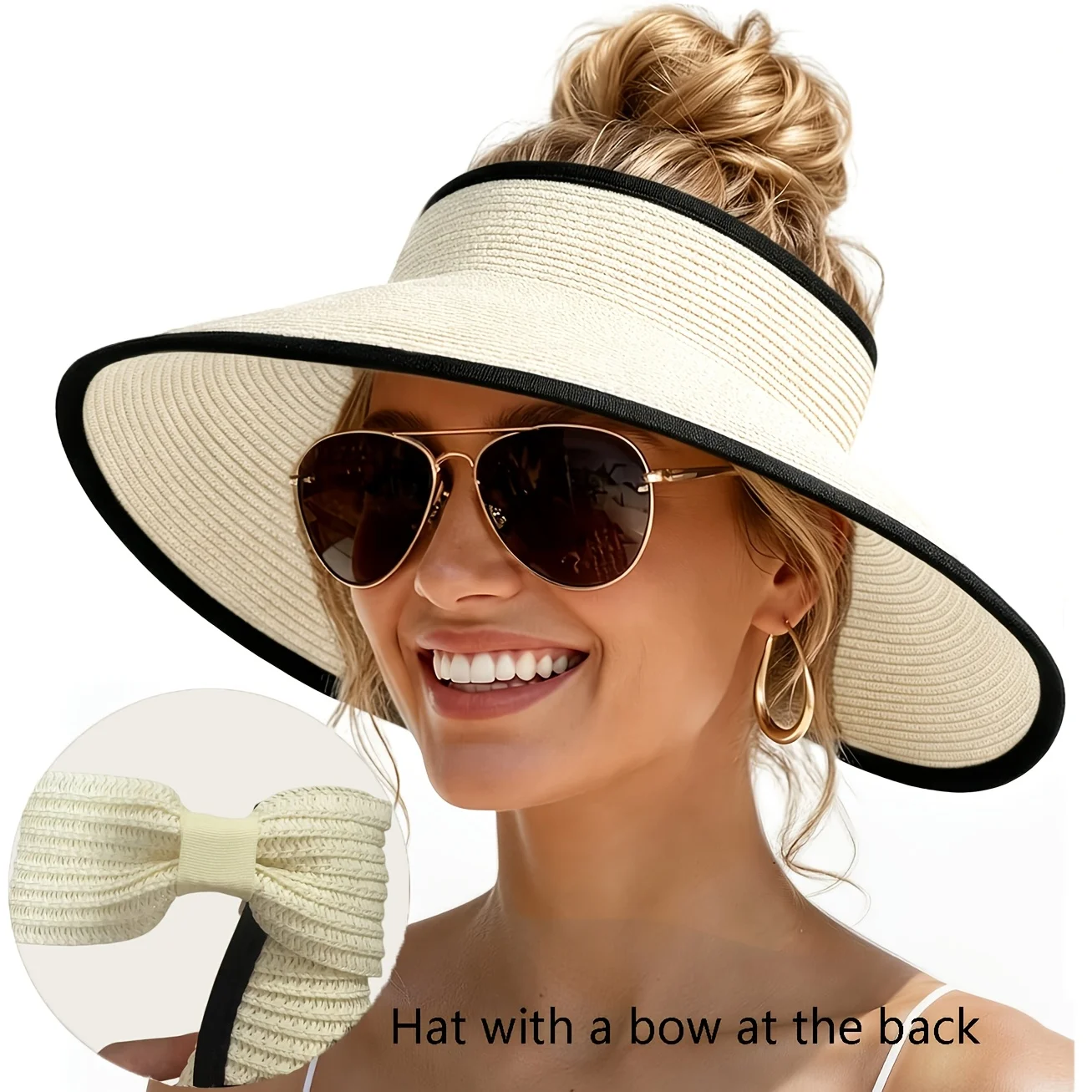 Foldable straw hat for women, summer fashion, black border roll hat, sun protection and sunshade hat, beach vacation travel gift - view 2
