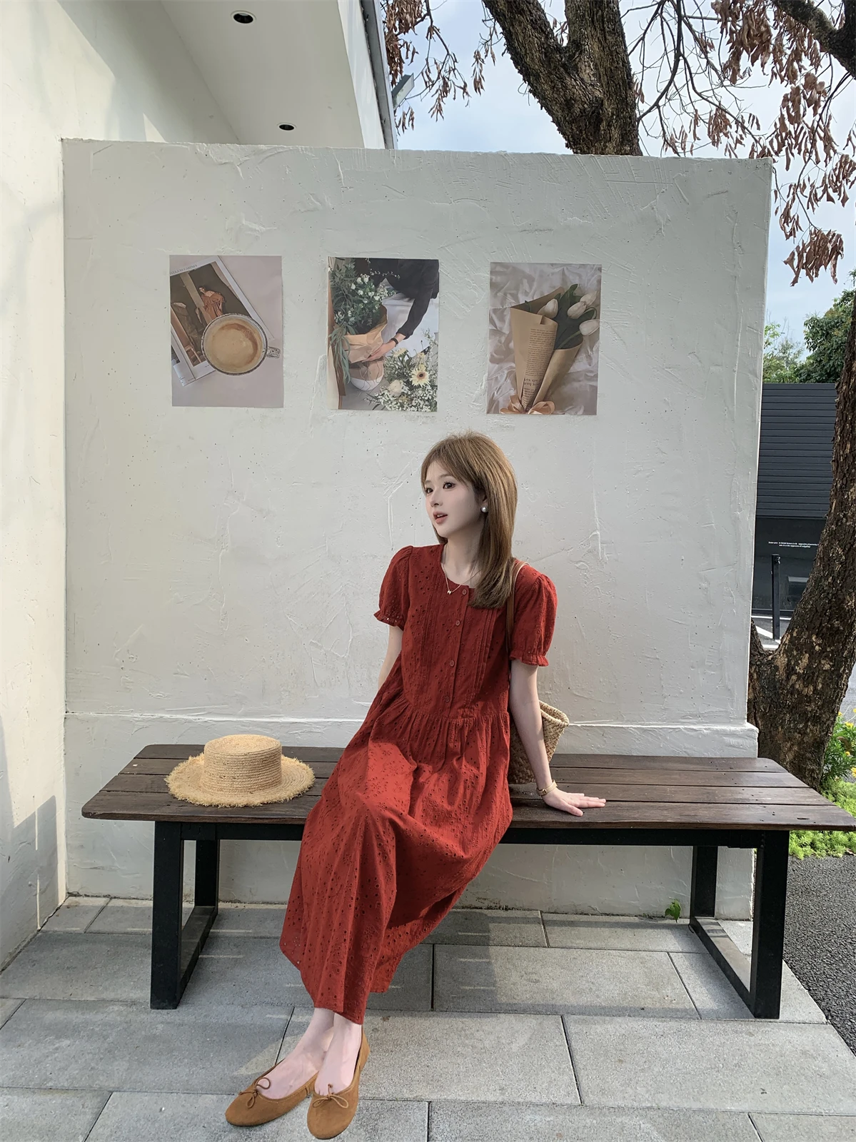 

FUGUI RICH Red Midi Dress Hollow out Design Spring Series High Waist Cotton A-Line Skirt Short Sleeve round Neck Dress