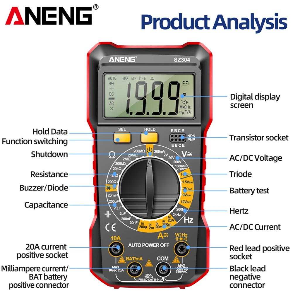 Digital Multimeter Auto-Ranging Voltage Resistance Meter Multifunctional Votage Current Ohm Test Tool for Diode/Transistor Check