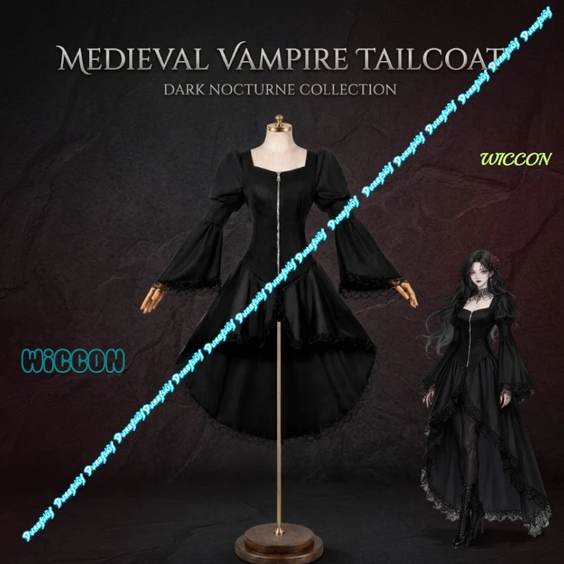 Black Victorian Tailed Dress Women Gothic Cosplay Costume Lace Trim Fancy Dress For Halloween Carnival Anime Convention