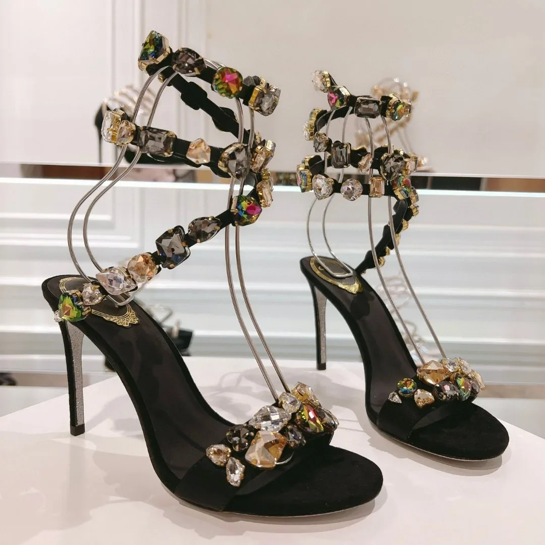 

rhinestone stiletto Heels crystal-embellished Wrap Sandals crystal high-heeled fashion rhinestone ankle strap sexy women's shoes