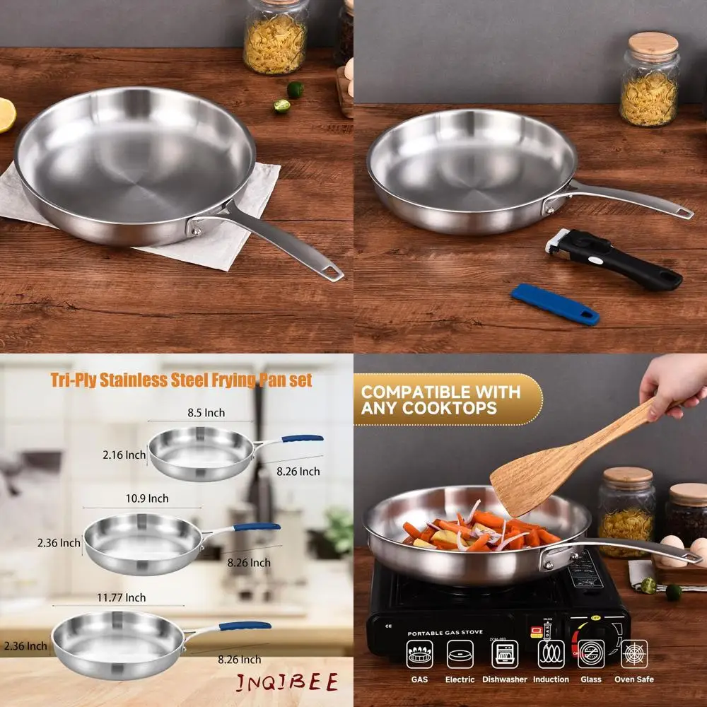 

3-Piece Tri-Ply Stainless Steel Frying Pan Set with Lid, Oven & Dishwasher Safe, Detachable Handle for Induction Cooking