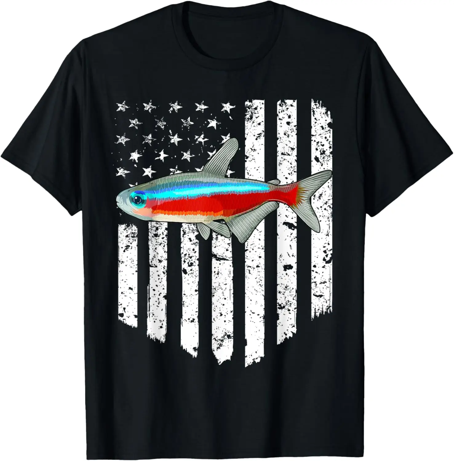 Camiseta de pez del 4 de julio de Tetra neón con bandera americana blanca y negra