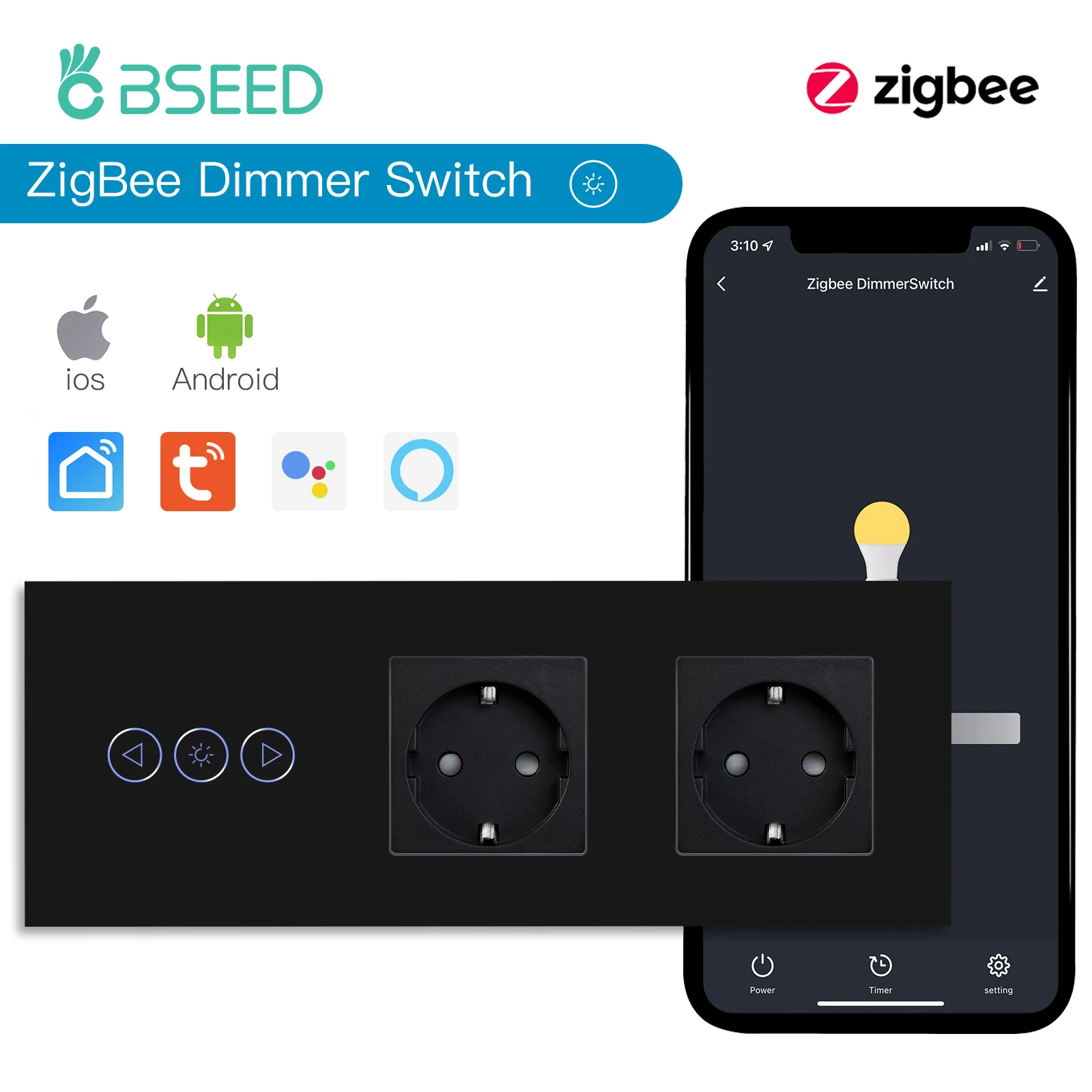 BSEED Zigbee dimmeren Tuya APP-bediening Smart LED dimbaar serie glas Google Alexa Smart Dimmer Touch-schakelaars Zwart