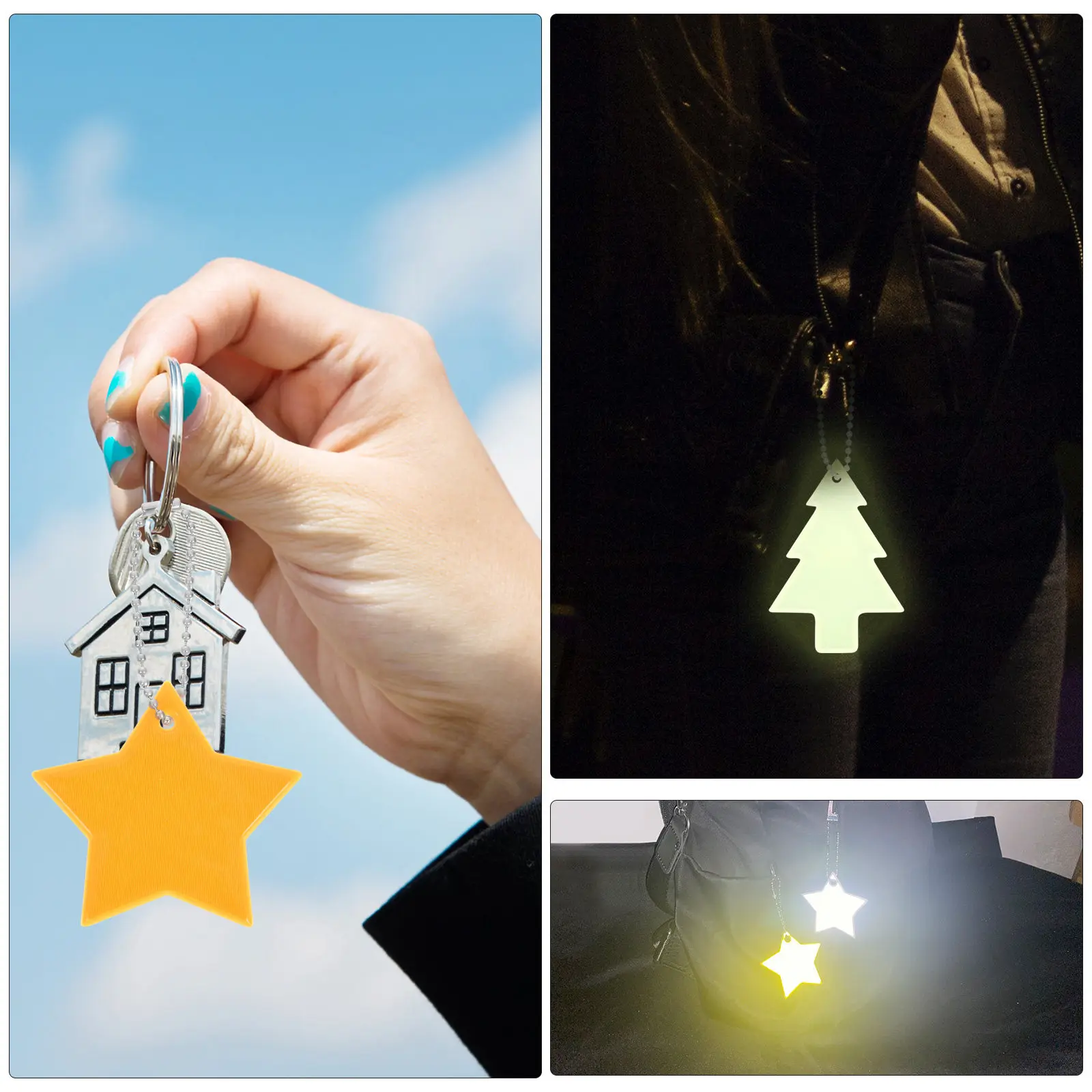 

24Pcs Reflective Pendants Set Star Tree Shape High Visibility Safety Reflectors for Backpacks Keys Clothes Bicycles