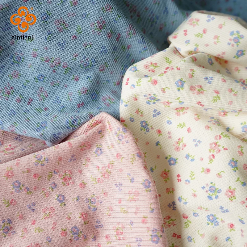 135x50cm Rib Knit Fabric Little Flowers product Cute Pattern For Girls Top Sewing Vest, Soft And Elastic Stretch Dress Material