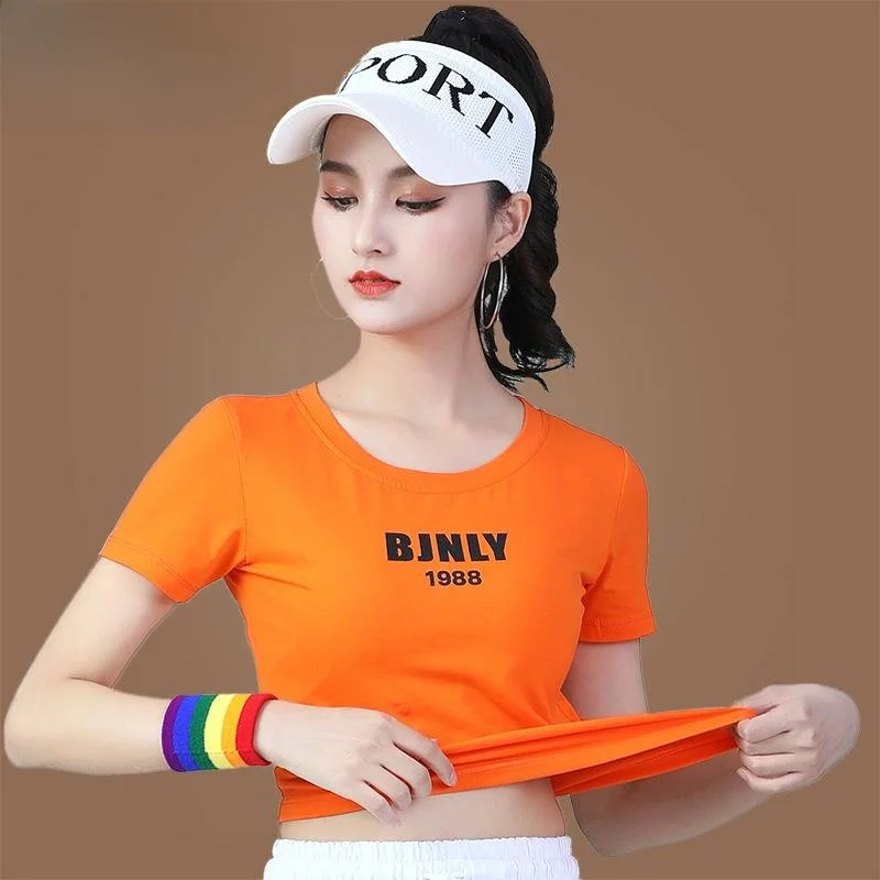 

Women's Square Dance Fitn Clothing ort Sve Sportswear T-irt Dance Performance Cotton Blend Faionable Ethnic Sle