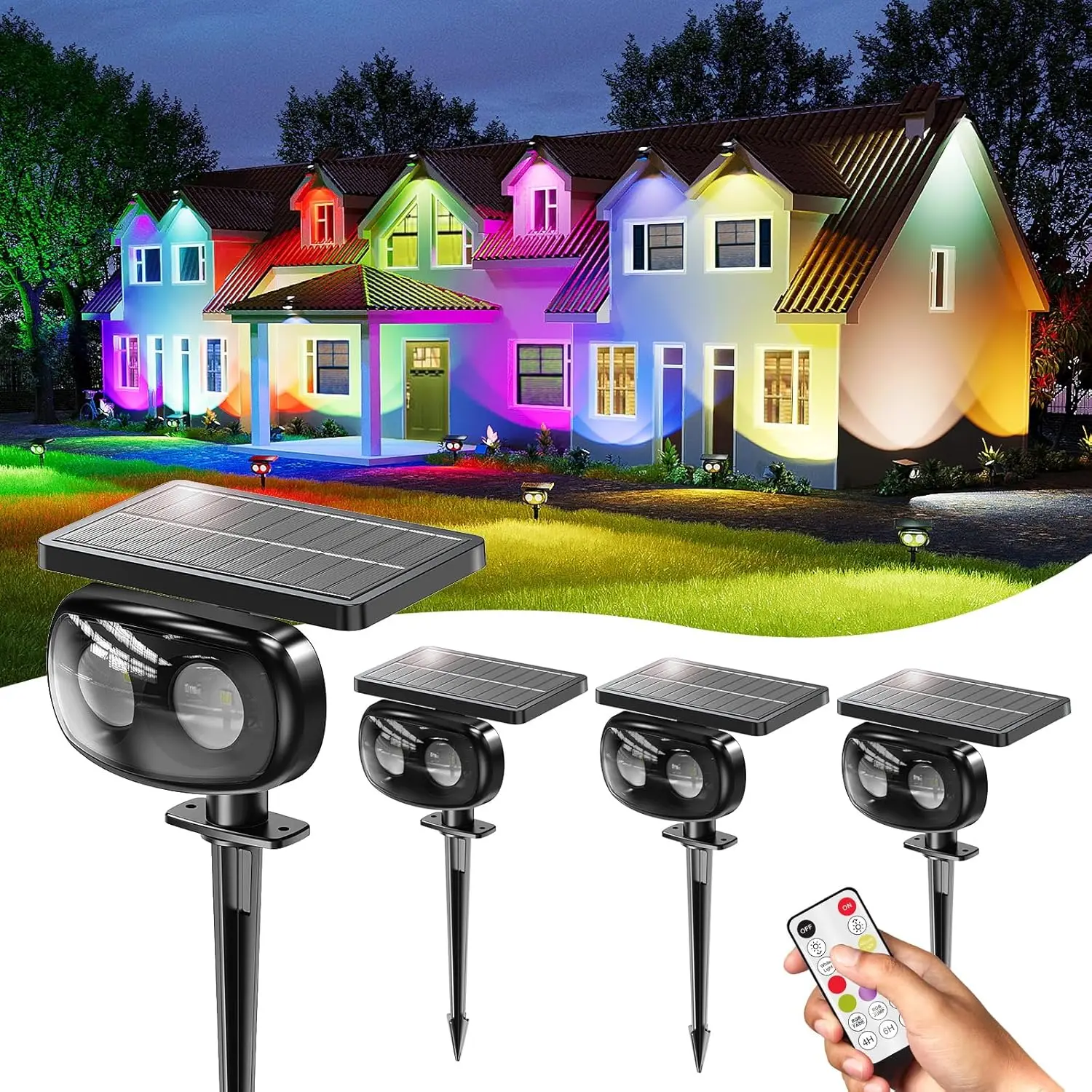 4er-Pack Solarstrahler für den Außenbereich, wasserdicht, IP68, superhelle LED-Landschaftsbeleuchtung mit 9 Farben und 3 Helligkeiten für den Garten im Garten