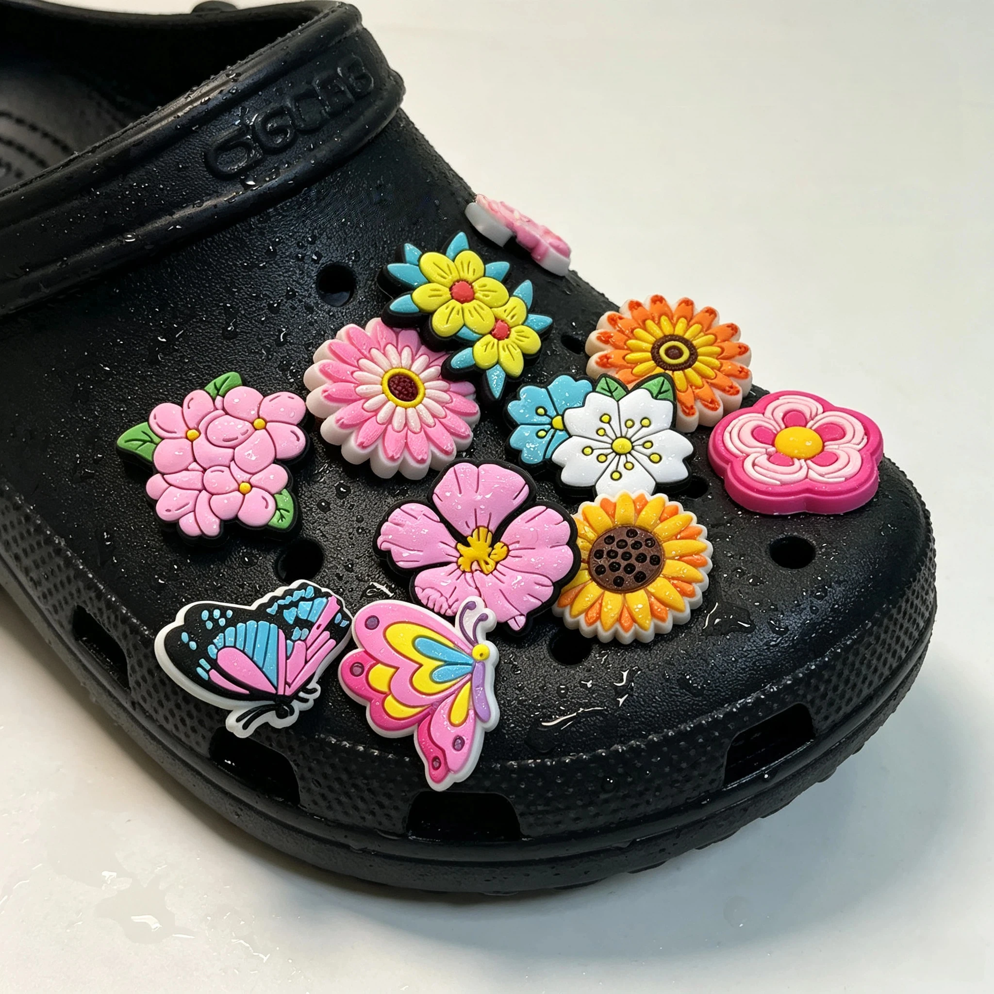 24-100Pcs Various Flowers Butterfly PVC Shoe Charms Sunflower Daisy Shoes Buckle Decorations DIY Woman Backpack