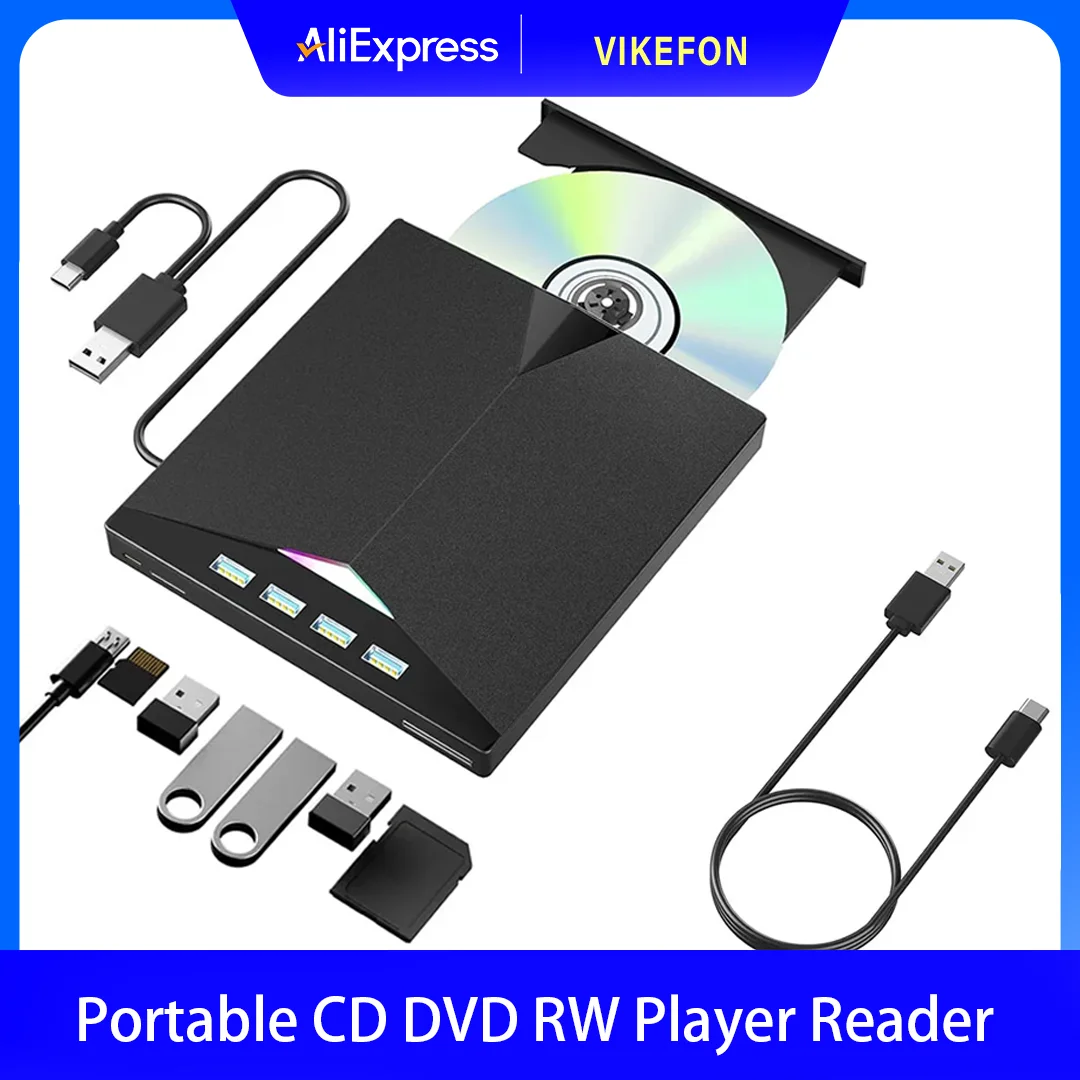 

Внешний привод для компакт-дисков/DVD 7-в-1, USB3.0 Type-C, портативный проигрыватель компакт-дисков, DVD RW, устройство чтения для ноутбуков, ПК, Windows с слотами для карт SD TF