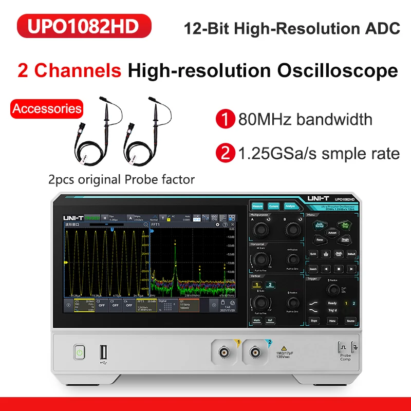 UNI-T 2/4 kanalen Draagbare oscilloscoop met hoge resolutie UPO1082HD UPO1154HD 500.000wfms/s Golfvormsnelheid Spectrumanalyzer