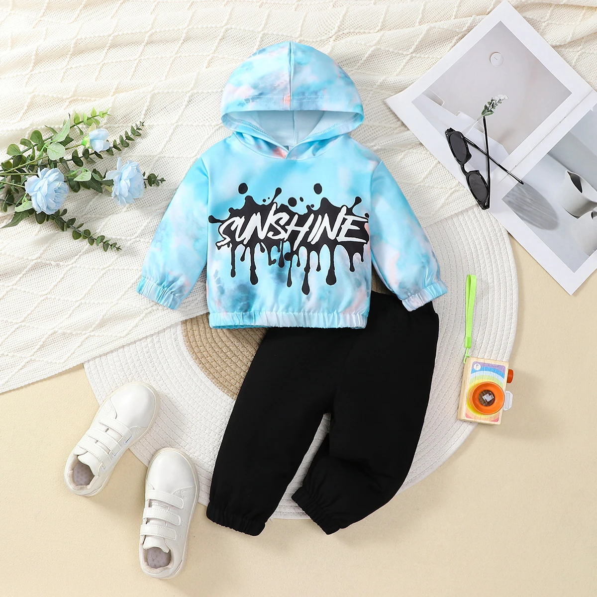 2-teiliges Set für Babys, modisch, lässig, mit Kapuze, langärmlig, mit Batikmuster, Oberteil und Hose, Herbst-Winter-Kleidung für Kinder – Detail 3
