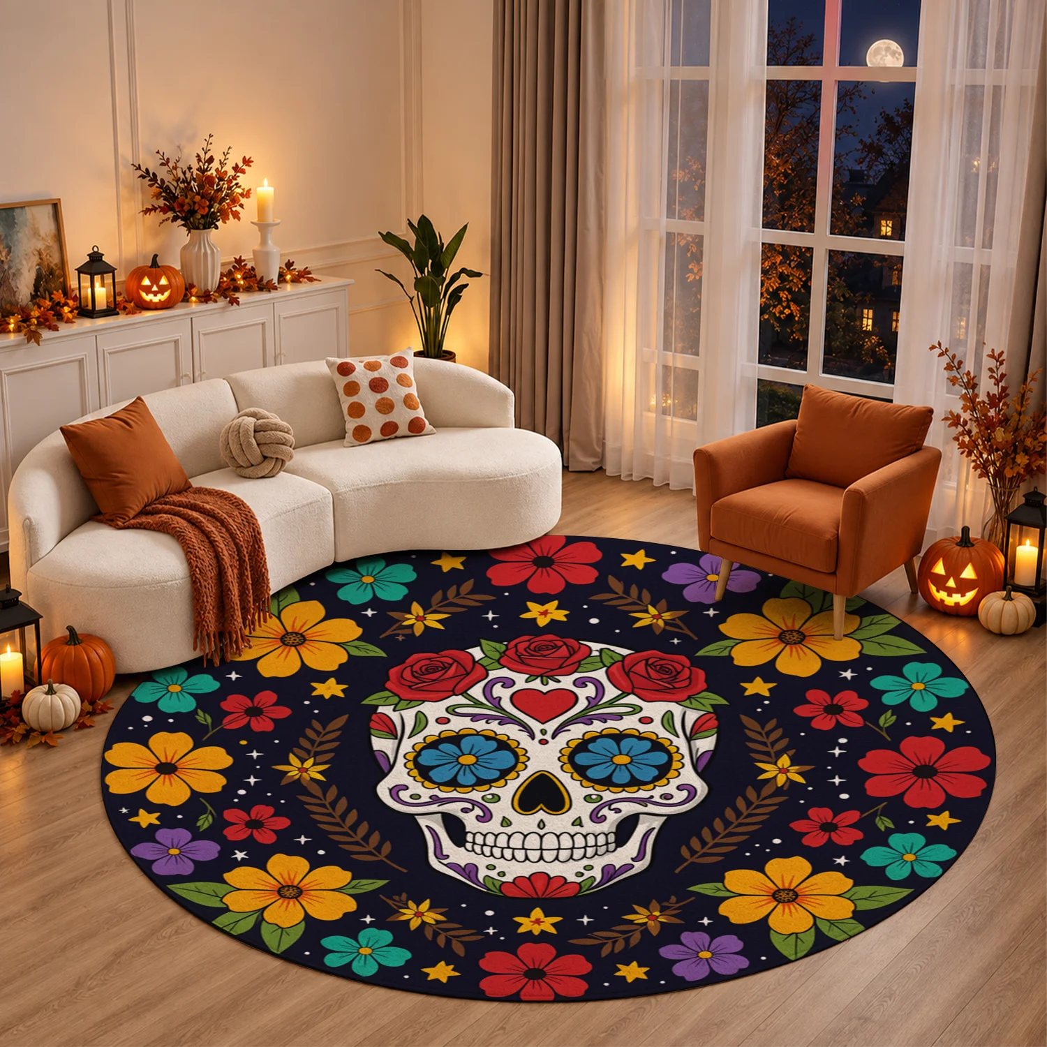 Colorful Sugar Skull Floral Pattern Round Velvet Area Rug, Machine Washable Soft Plush Floor Mat for Living Room, Bedroom, Entryway, Halloween, Thanksgiving, Christmas, New Year Home Decor