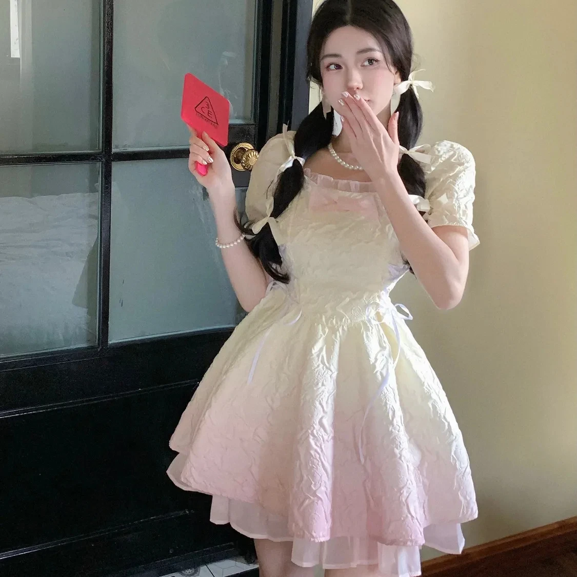 Kawaii Lolita Mini Jurk Vrouwen Zoete Gardient Kleur Boog Bladerdeeg Mouw Taille Een Lijn Prinses Jurken Fairy Party Vestidos