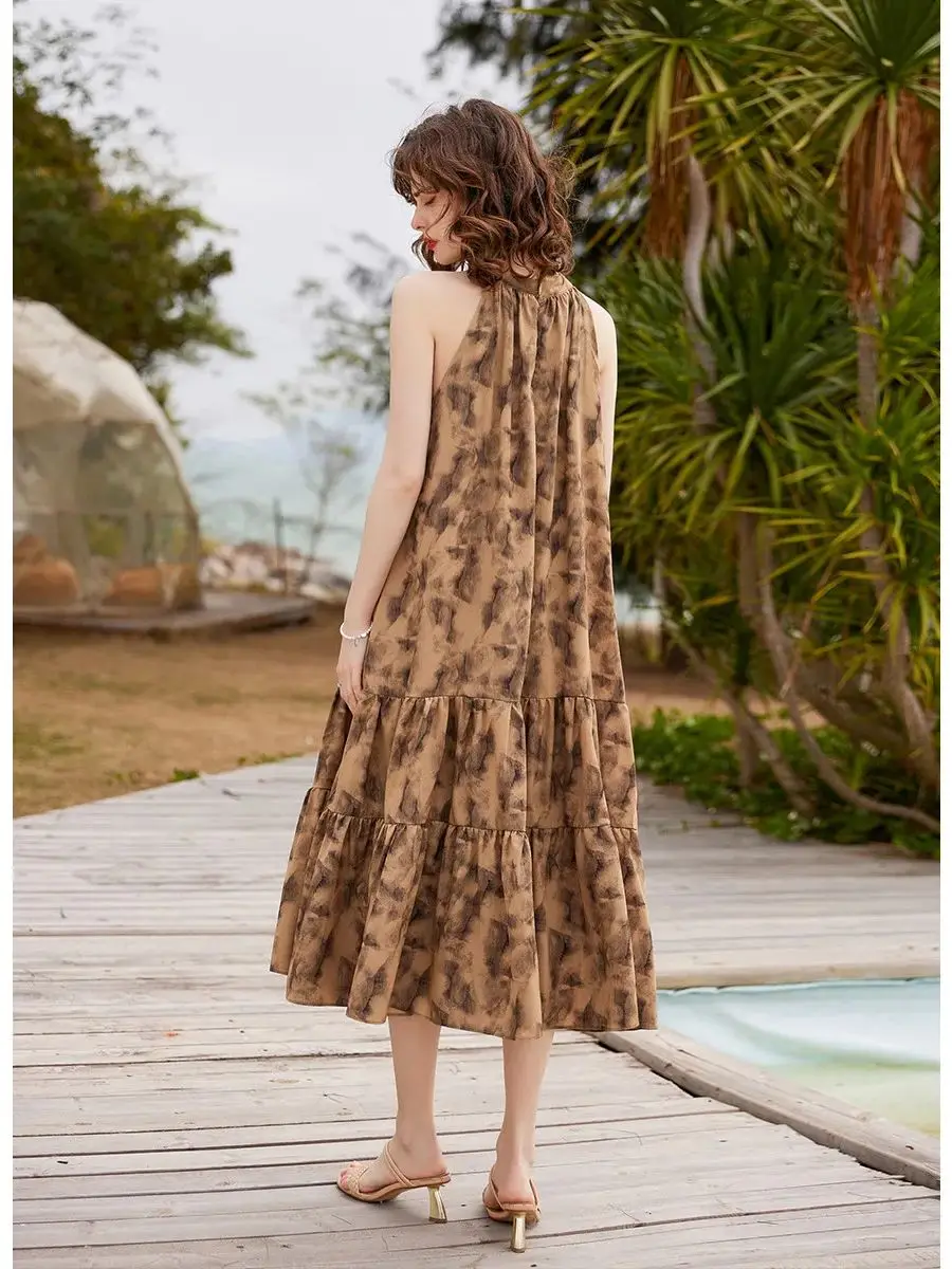 LOUIS YAO Women Dress 2024 Summer Retro Style Elegant Grace Sleeveless Loose Fit A-LINE Long Brown Dress