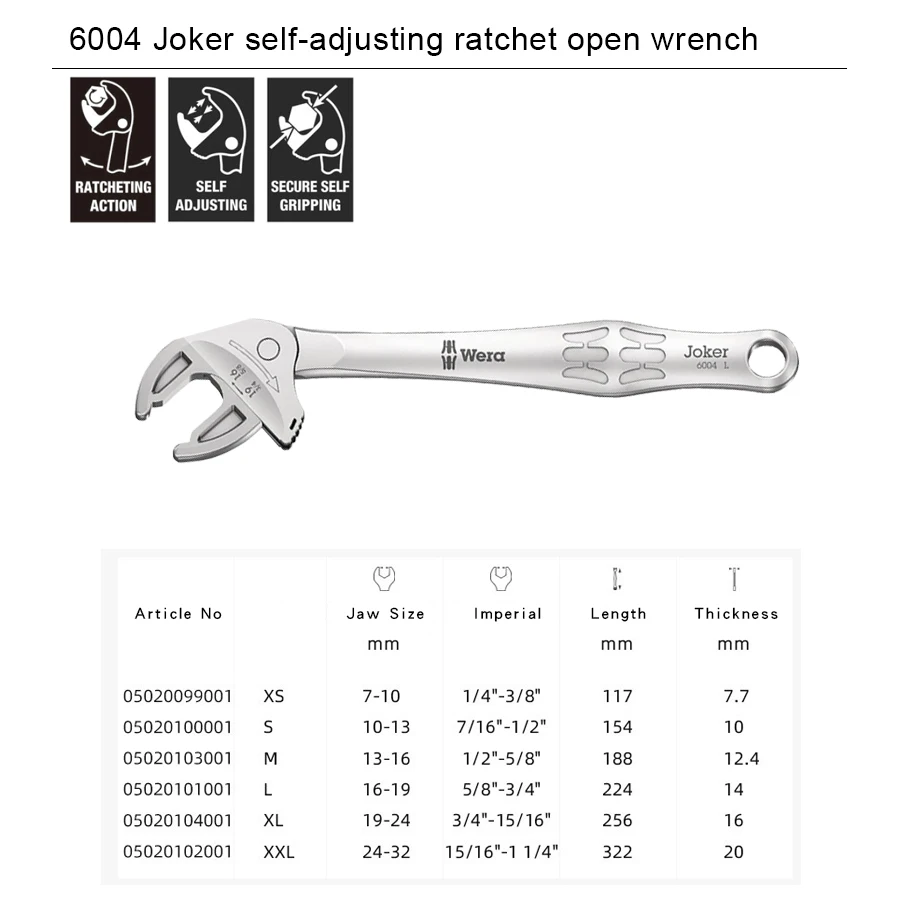 WERA JOKER 6004 Self-Setting Adjustable Spanner Wrench 1PCS 7-32mm XS/S/M/L/XL/XXL