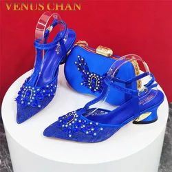 Ensemble de chaussures à talons hauts pour femmes, sac assressenti, bleu royal, document décoré avec du cristal, fête de mariage pour dames, nouvelle arrivée, mode