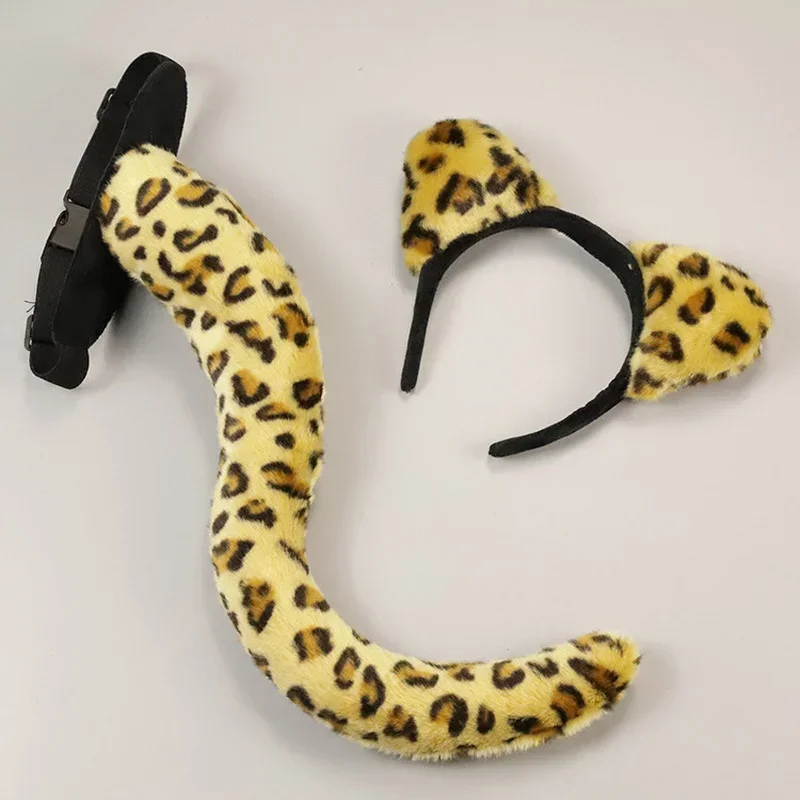 Adults Kids Plush Cartoon Leopard Jungle Animal  Tail Ear Headband Toy Party Birthday Halloween Costume Cosplay