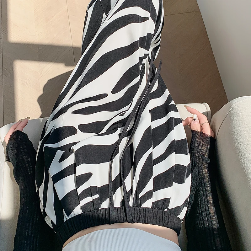 Zebra print women's summer thin contrasting waist drawstring sunscreen printed ice silk chiffon drape cool wide leg pants