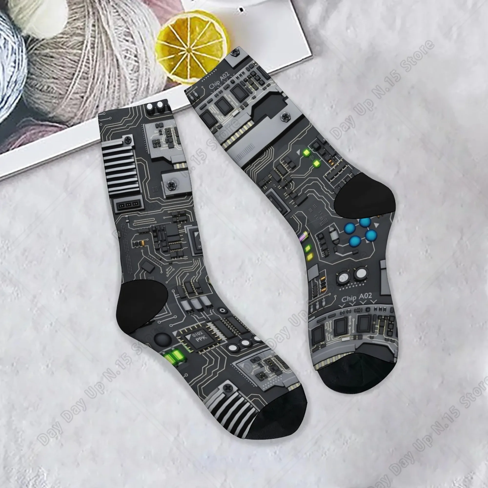 

Electronic Graphic Circuit Board Men's Socks Crazy Street Hip-Hop Retro Trend Socks Novelty Funny Happy Crew Socks Party Gift