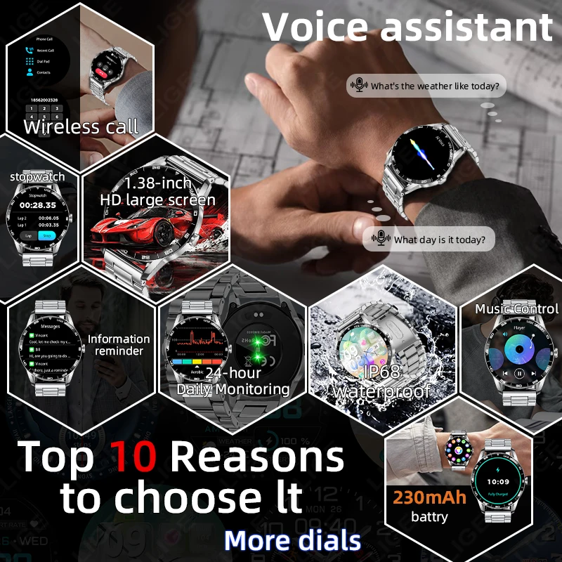 LIGE Nowy Smartwatch Męski ze Stali 1,38 cala Połączenia Bluetooth Zegarki Biznesowe Męskie Monitorowanie Aktywności Fitness Sportowy Pomiar Tętna Zdrowotny Smartwatch