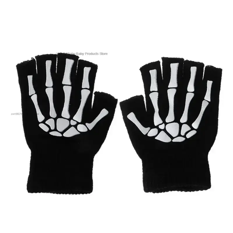 1pair New 5-11T Kids Halloween Skeleton Skull Half Finger Luminous Punk Gloves Winter Skull Fingerless Black Mitten