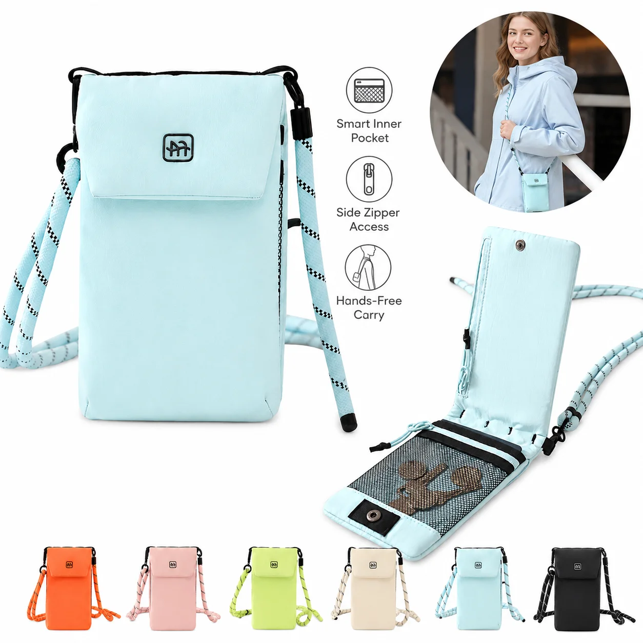 Sac à bandoulière pour téléphone portable en nylon, pochette verticale avec poche zippée, portefeuille pour passeport, sac de rangement quotidien pour petits objets