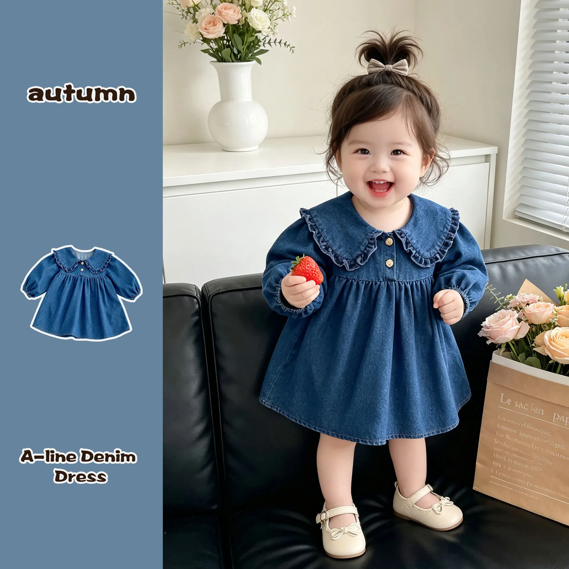 ins2026-autumn-collection-girls'-cowboy-skirt-korean-version-collar-long-sleeve-skirt-fashionable-baby-girl-dress-princess-dress