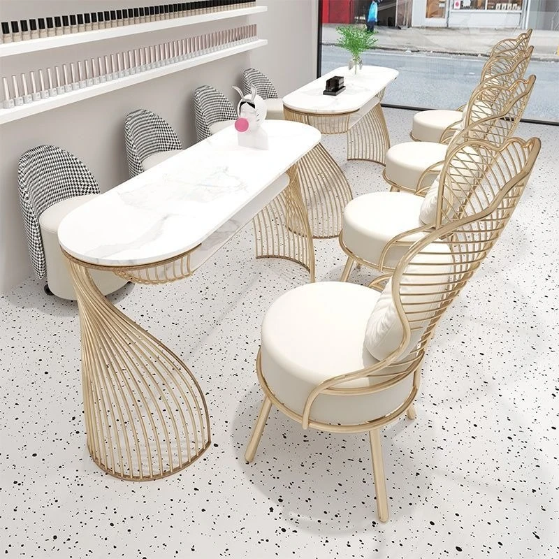 

Nail salon makeup table, gold semi-round tables and chairs Internet celebrity wrought iron slate