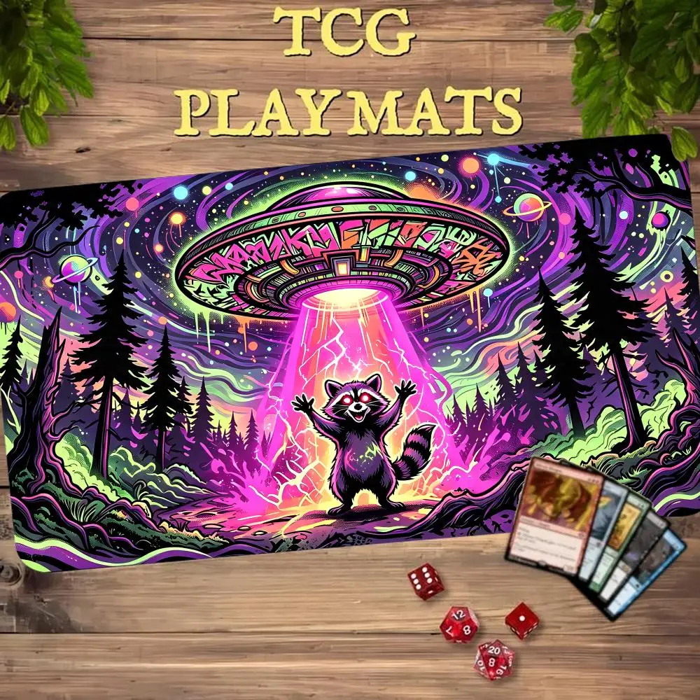 UFO Abduction Raccoon TCG Playmat MTG Trading Card Game Play Mat 350X600MM Magic Non-Slip Durable Stitched Edge Magic Card Mats