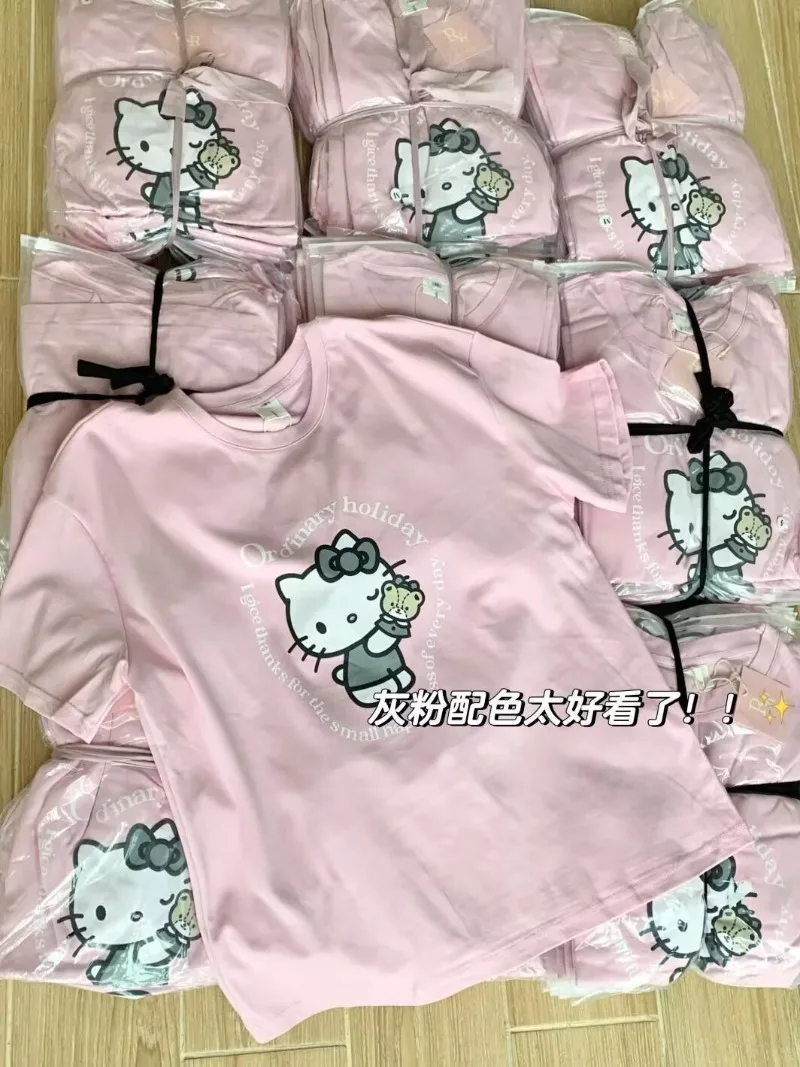 

Japanese Cute Girl Pink Hello Kitty Printed Pure Cotton Short Sleeved Oversized T Shirt Summer New Kawaii Clothes Y2k Top