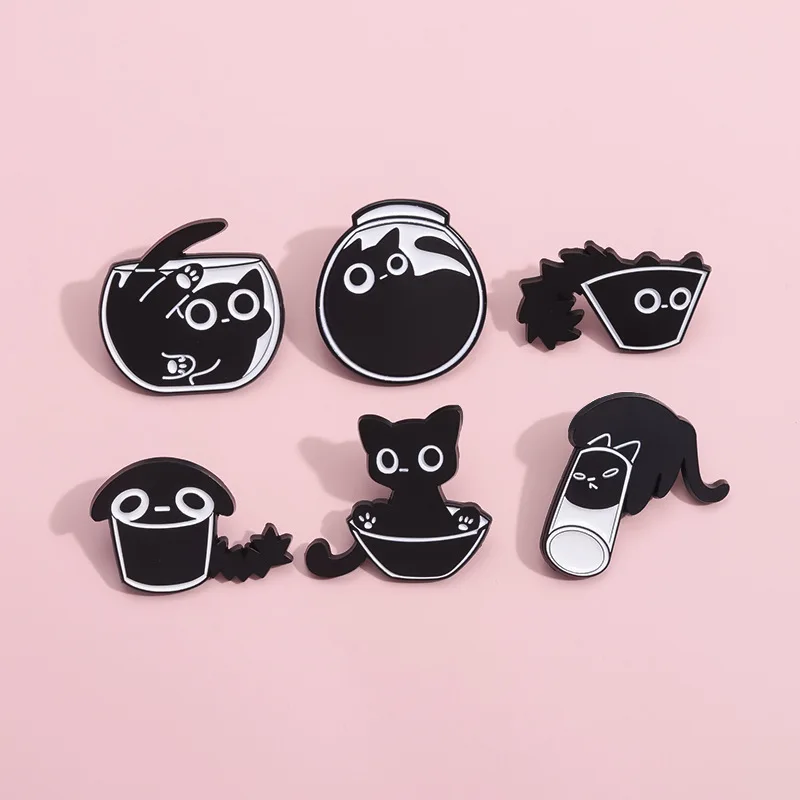 Creative Black Cat Metal Brooch Glass Bowl Cat Water Cup Fish Tank Dagger Rose Skateboard Cute Black Cat Badge Punk Pins Jewelry