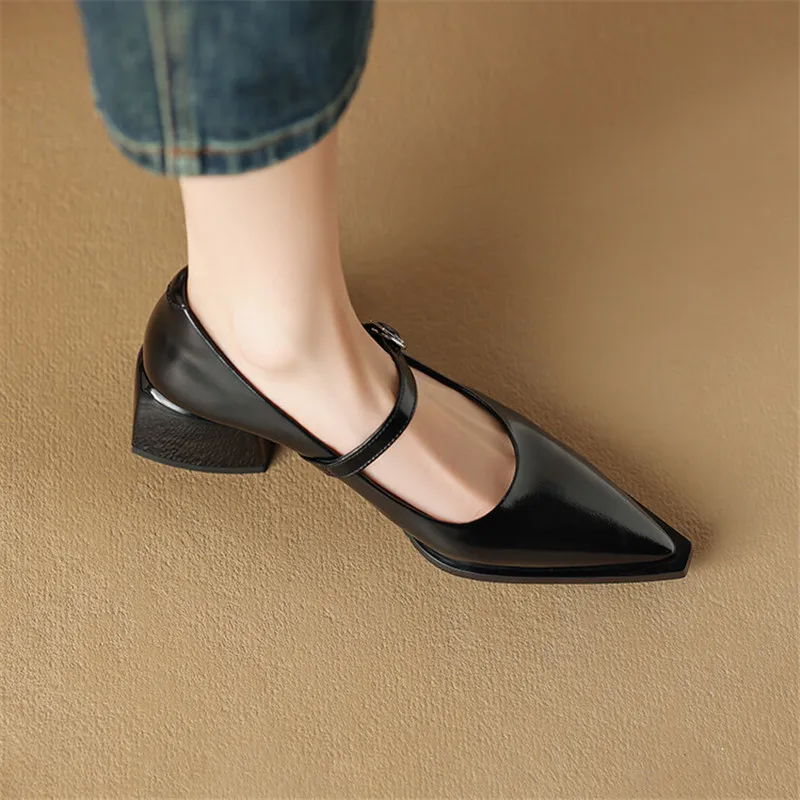 New Spring Split Leather Women Shoes Pointed Toe Women Pumps Fashion Retro Mary Jane Shoes for Women High Heels Ladies Shoes