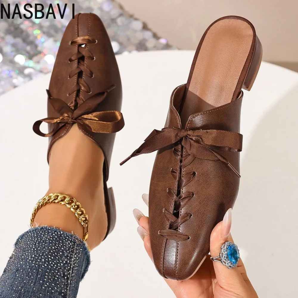 

2026 New Retro Summer Brown Women's Slippers Thick Low Heels Square Head Lace Up Ladies Comfortable Outdoor Beach Sliders 35-45
